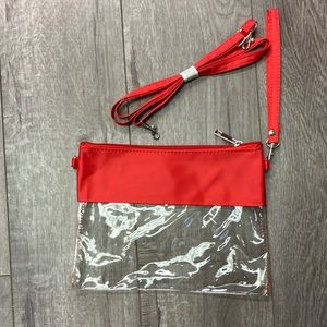 Red clear clutch purse with longer additional strap new with tags